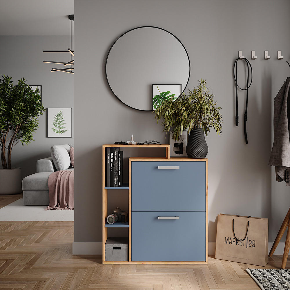 SCHUHKIPPER Orlando Goldkraft Eiche/Blau 80 x 90 cm - Honigeiche/Eichefarben, Holzwerkstoff (80/90/24.2cm) - Vicco