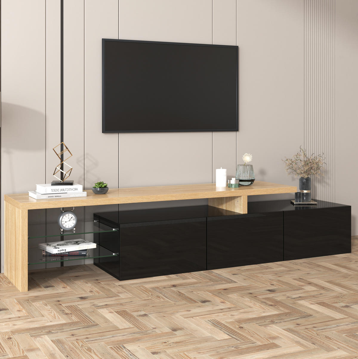 TV-SCHRANK aus MDF und Glas 197,5x39x42 cm Natur/Schwarz mit 3 Türen, Glasböden und 7-farbiger LED-Beleuchtung - Naturfarben, Holzwerkstoff (197.5/42/39cm) - Modfu