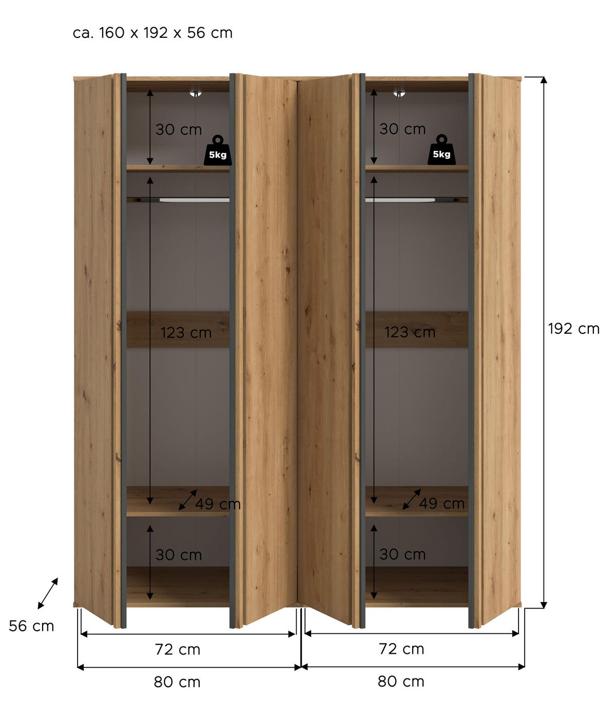KLEIDERSCHRANKKOMBINATION TOFTA (B/H/T: ca. 160/190/56 cm) in Artisan Eiche Nachbildung/Artisan Eiche Nachbildung - Eiche Artisan, Holzwerkstoff (160/190/56cm)