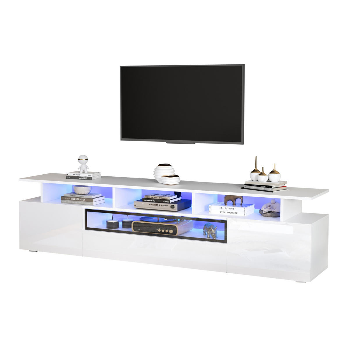 TV-LOWBOARD aus Spanplatte 180x38x45 cm Weiß mit LED-Beleuchtung, 2 Schränken, 1 Schublade und Hochglanzfront - Weiß, Holzwerkstoff (180/45/38cm) - Modfu