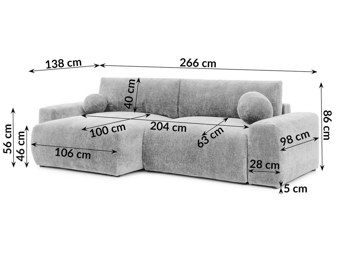 ECKSOFA Puffy mit Schlaffunktion und Bettkasten - besonders weich und puffig aus Hellgrau Stoff mit Chenillestruktur - Ottomane links - Hellgrau/Schwarz, Holz/Kunststoff (138/266cm) - S-Style Möbel