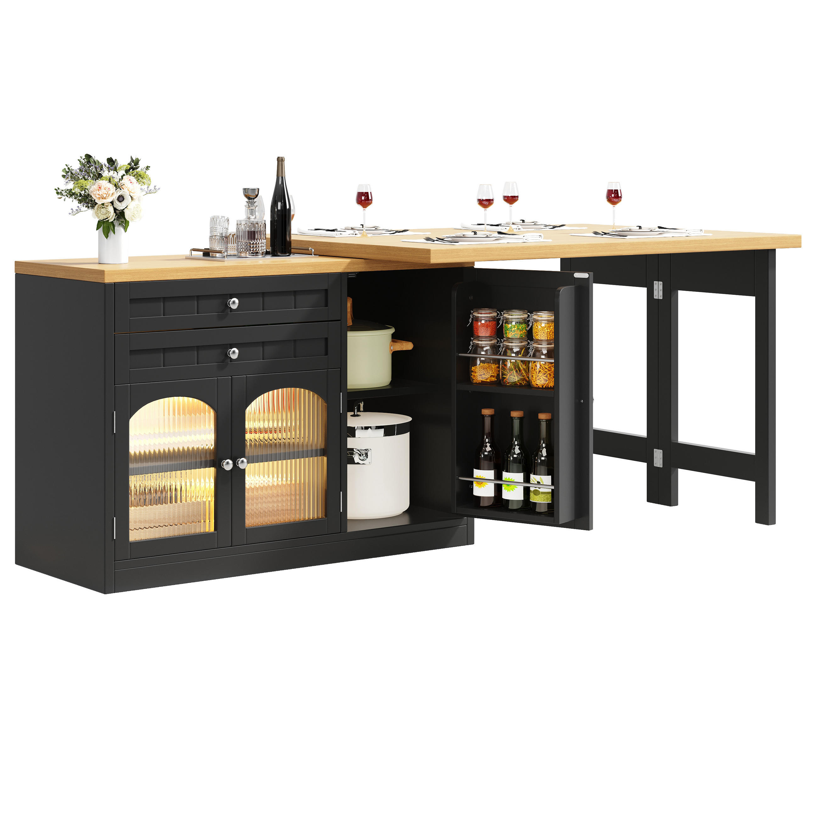 KÜCHENINSEL Ausziehbar 120 194cm 360° Drehbar Glastüren Schwarz - Schwarz, Metall (120/73.5/40cm) - FLIEKS