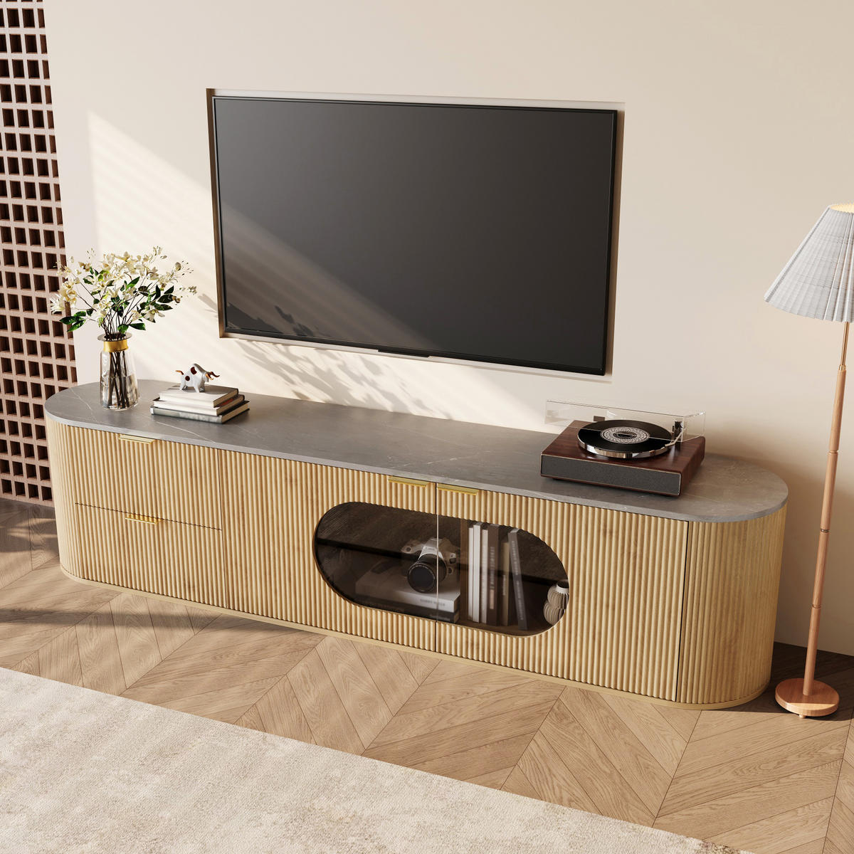 TV-SCHRANK Lowboard Holzoptik 3D Streifen Glasvitrine - Naturfarben, Holz (172/45.5/38cm) - LEBENLANG