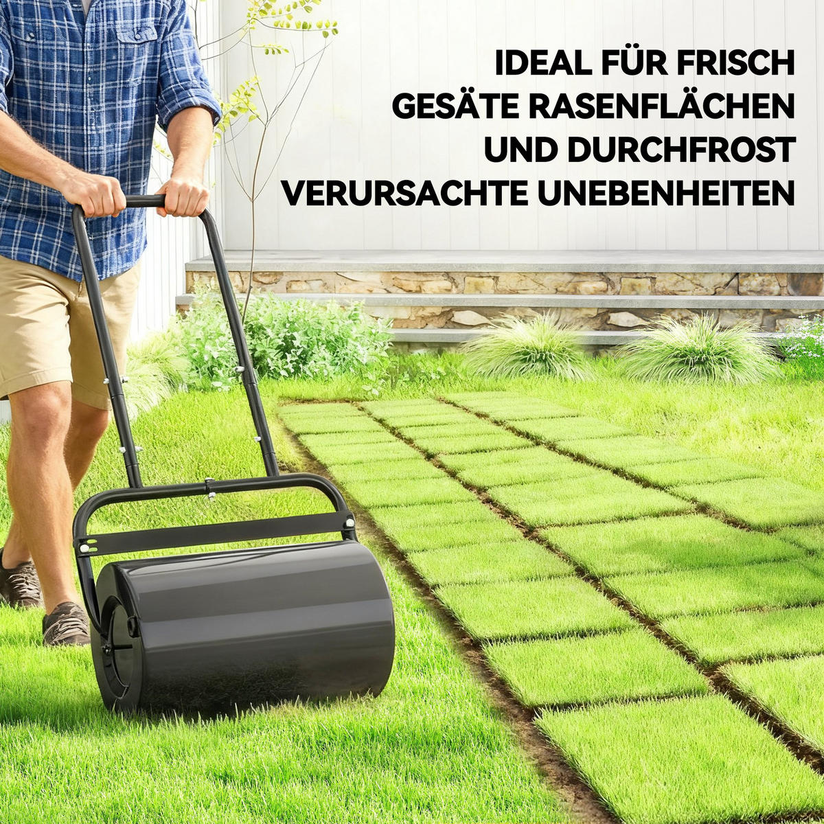 RASENWALZE mit U-Griff, Gartenrolle, Gartenwalze, 32 cm Durchmesser, Metall, Schwarz - Schwarz, Metall (32.5/113/58cm) - Outsunny