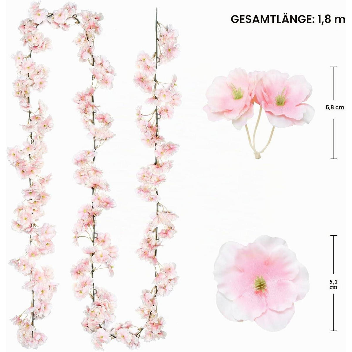 KÜNSTLICHE Blumen Girlande 2-teiliges Set 180 cm Kirschblüten Rosa - Rosa, Kunststoff (180cm)