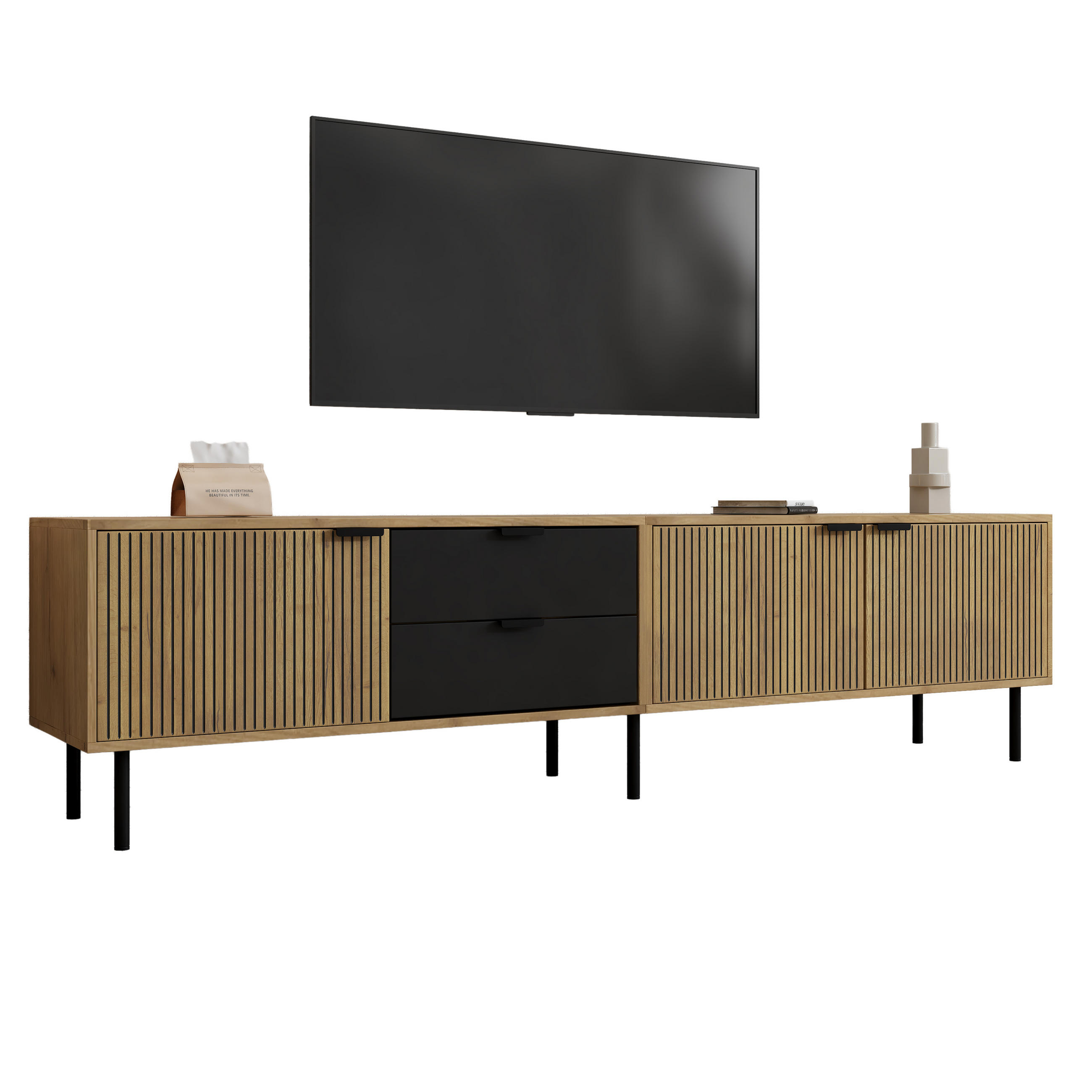STILVORA TV STOLEK v dekoru dřeva s organizérem kabelů, pro TV 85 palců, 208×40×48 cm