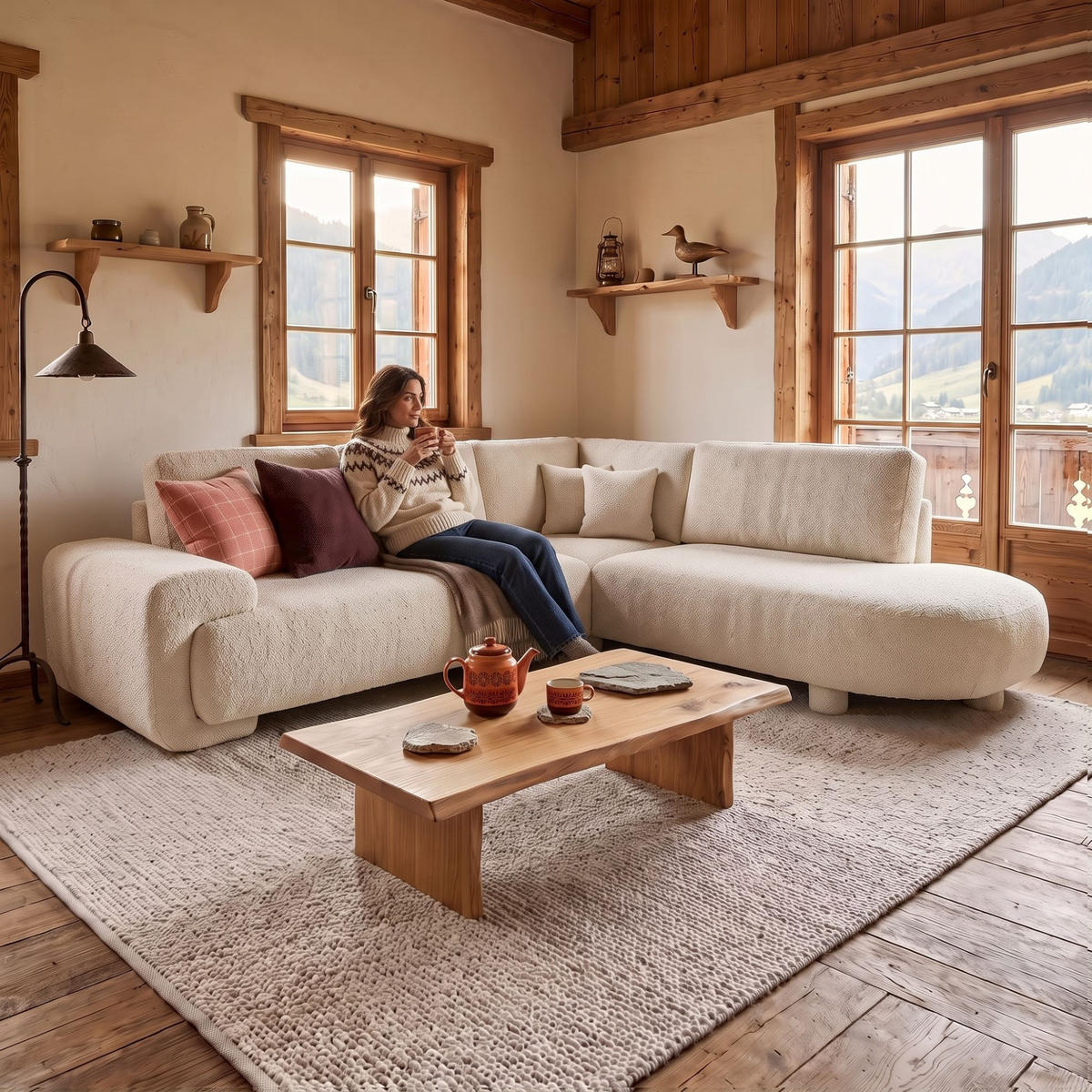 4-SITZER Ecksofa MIRABEL L Rechts 255x285 cm Bouclé Creme - Creme, Holz/Kunststoff (255/285cm) - Muffo