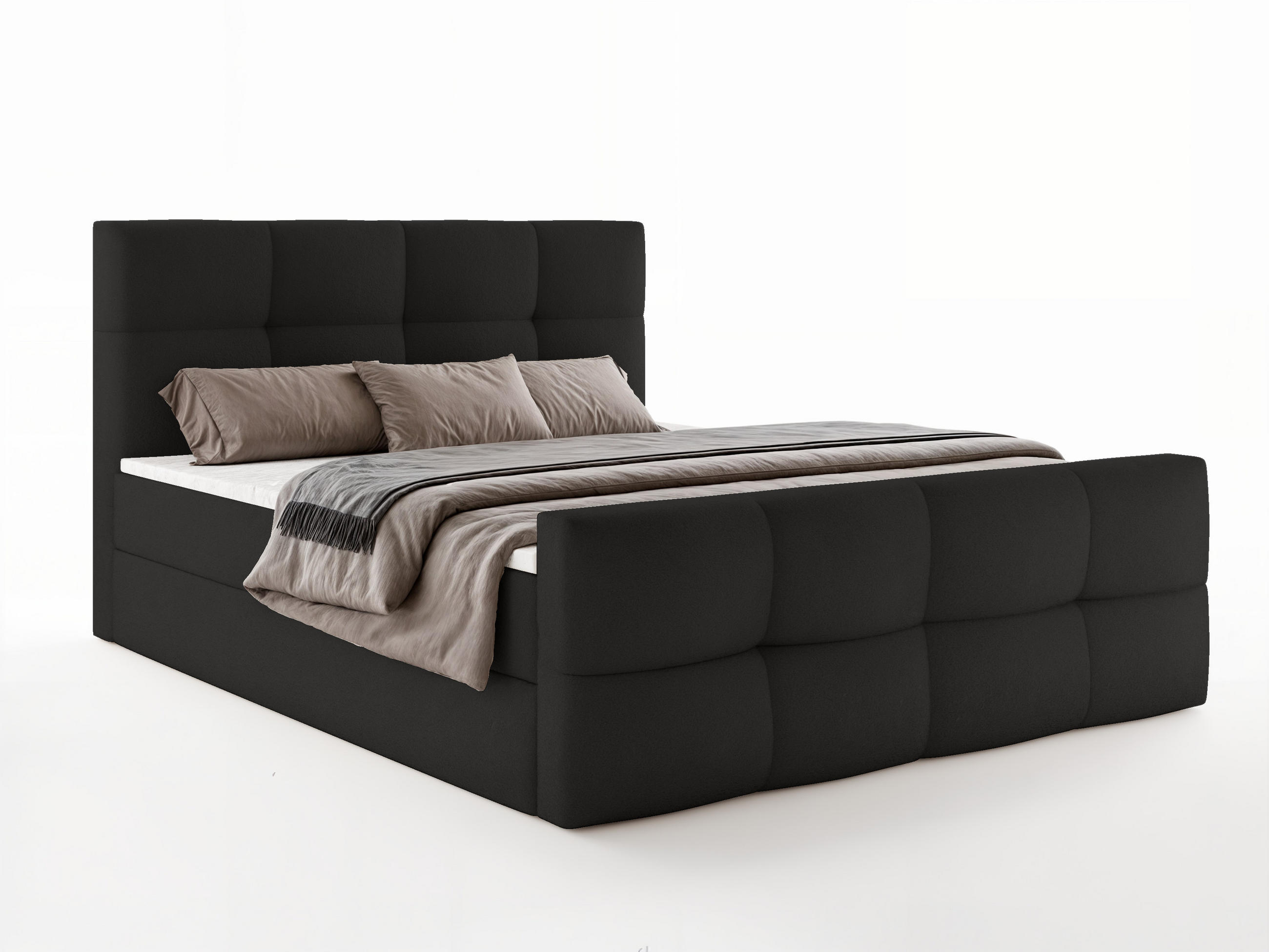 BOXBETT MORINO 160x200 cm mit Bettkasten, Bonell-Matratze H3 und Topper – Bouclé Schwarz - Schwarz, Textil (160/200cm) - Luxkor24