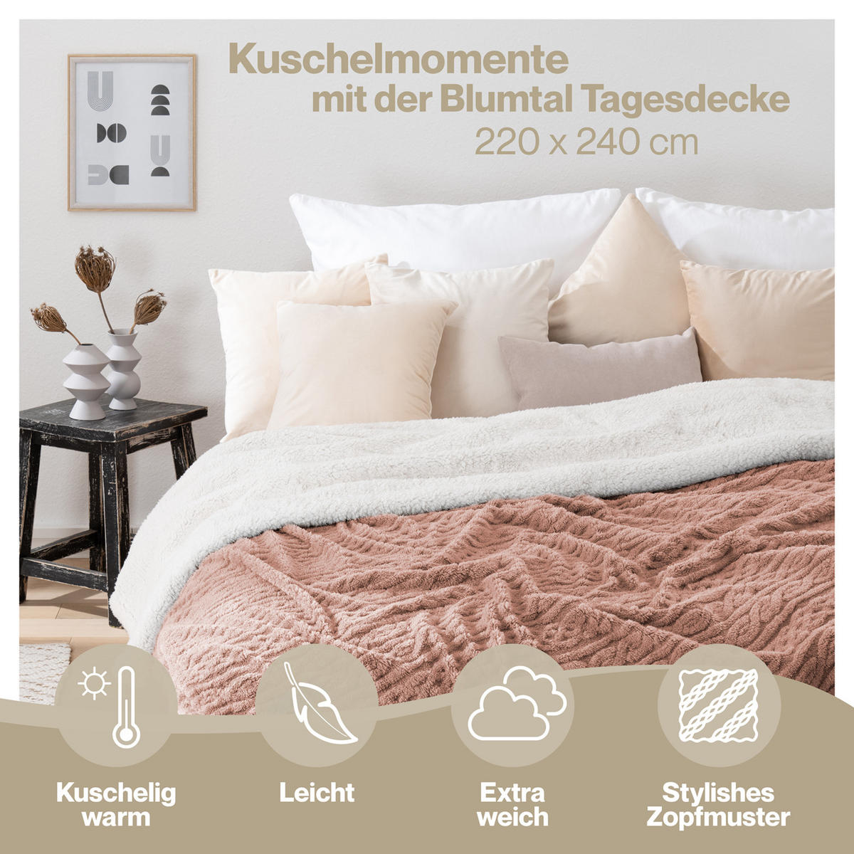 KUSCHELDECKE 220x240 cm mit Zopfstrick-Optik, Pink - Pink, Textil (220/240cm) - Blumtal