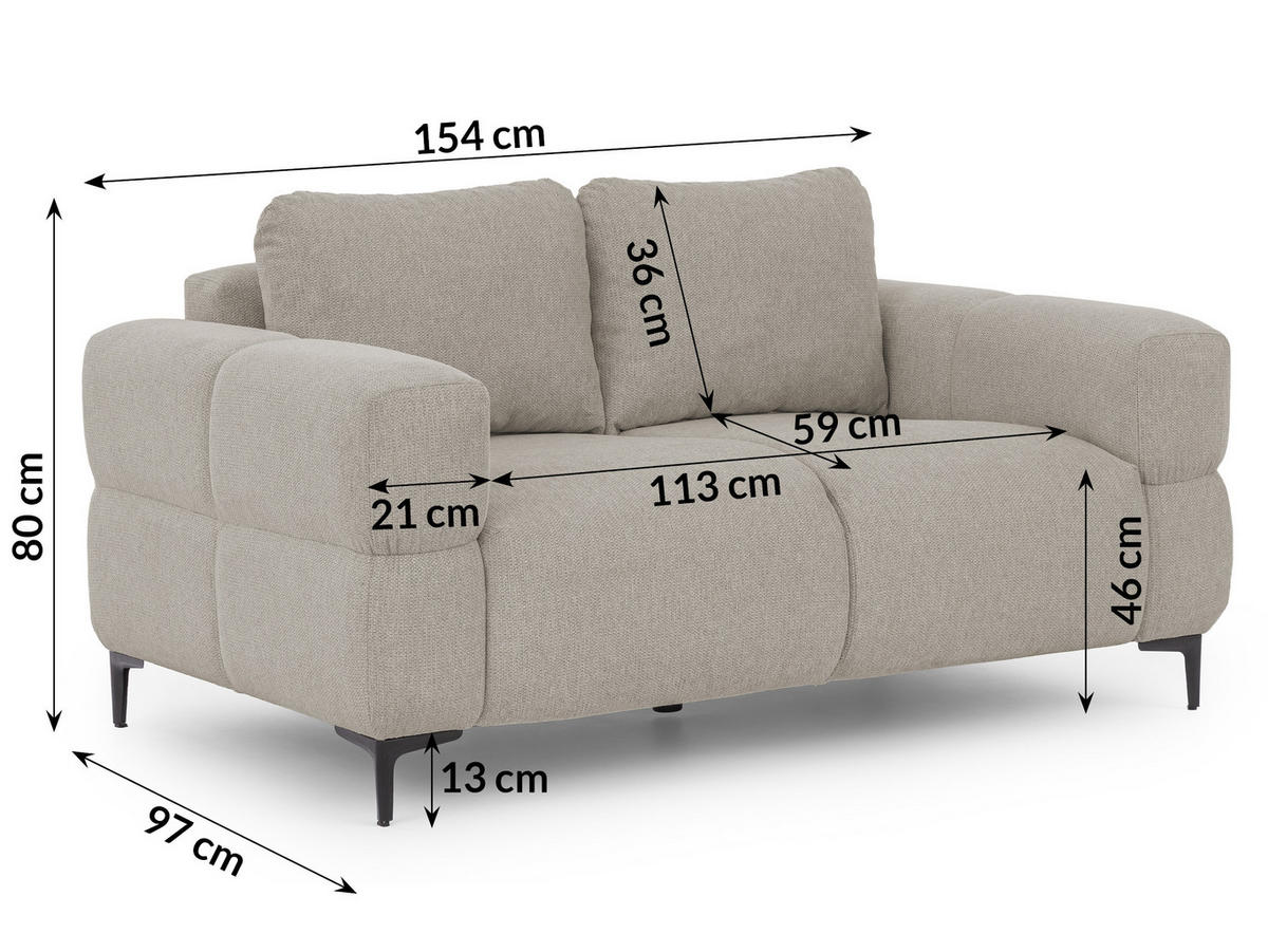 2-SITZER-SOFA Cardea in Bubble-Optik aus weichem Taupe Strukturstoff mit hohem Sitzkomfort - Taupe/Schwarz, Holz/Textil (154/80/97cm) - S-Style Möbel