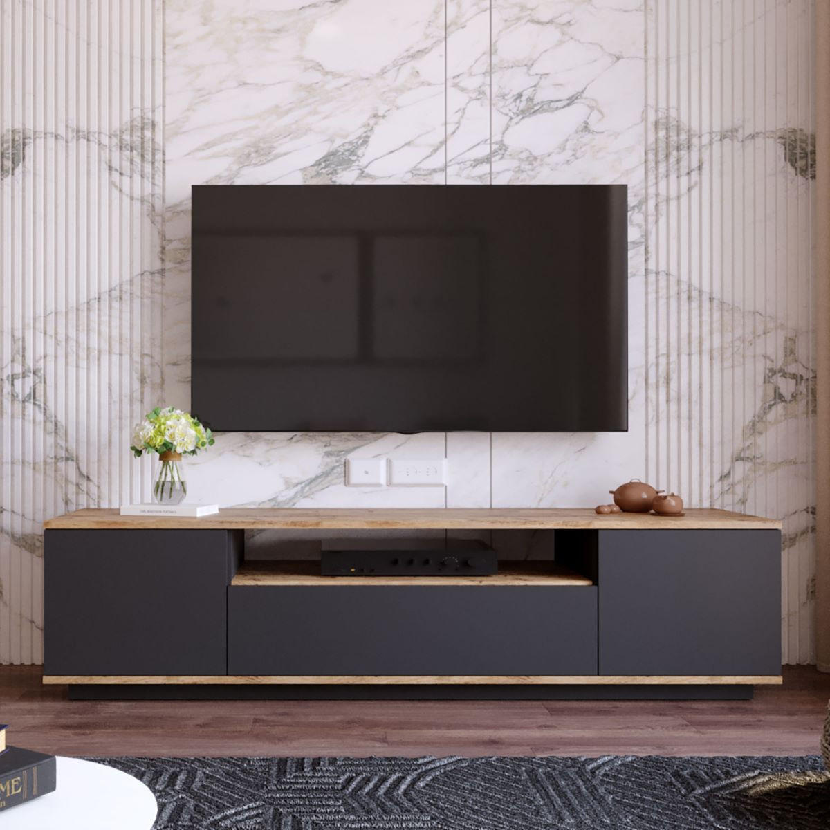 TV-MÖBEL mit 3 Türen & 1 Ablagefach - Anthrazit & Holzfarben - LOTULA - Anthrazit, Holz (44.5/44.6/180cm) - Vente-Unique