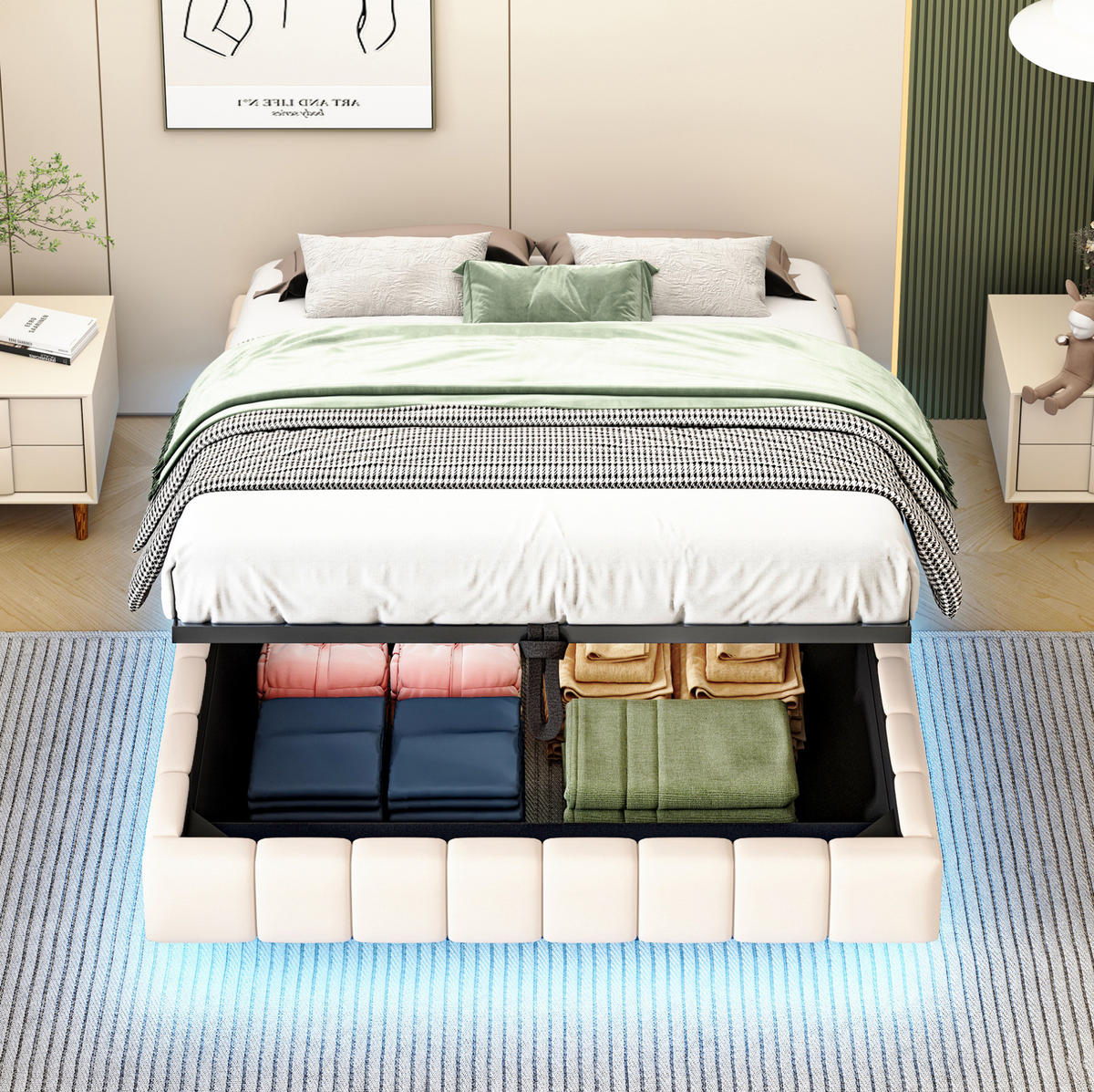 POLSTERBETT 140/200 cm Beige aus Stoff mit LED und Stauraum - Beige, Textil (140/200cm) - OKMYHOME