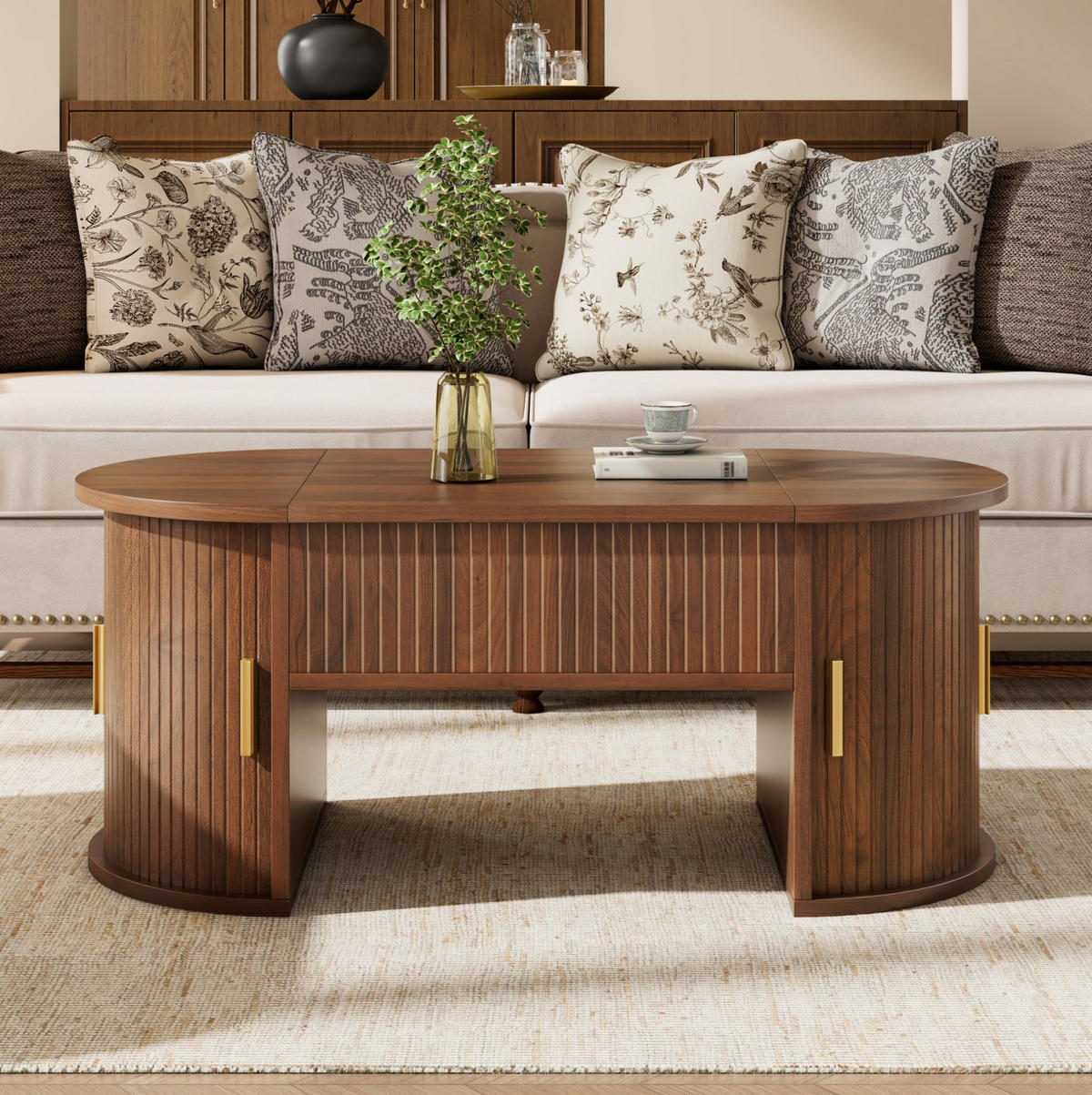 COUCHTISCH 100/50/40,5 cm höhenverstellbar mit Schiebetüren in Nussbaum - Nussbaumfarben, Holzwerkstoff (100/50/40.5cm) - Flora Grace