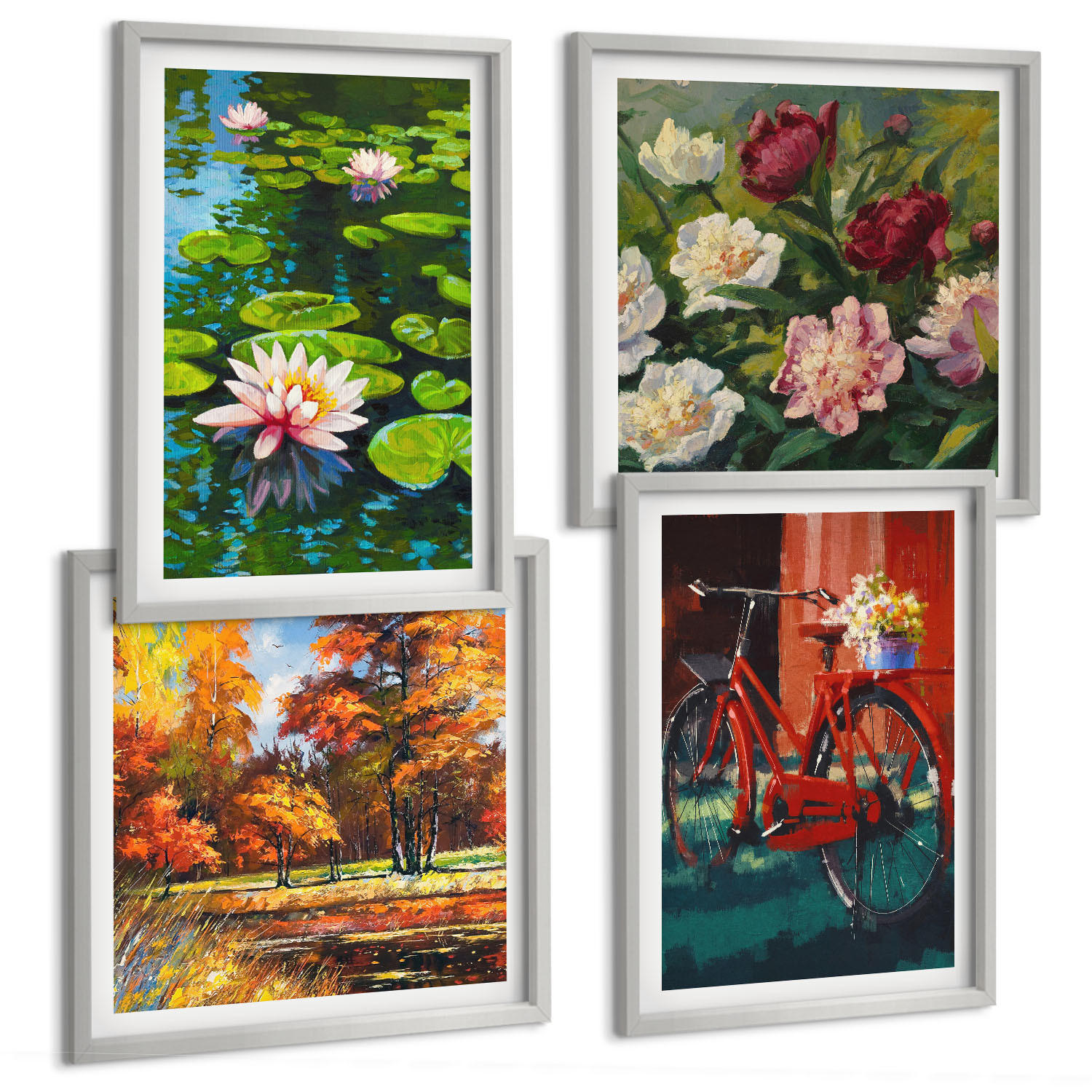 BILDER SET 4er Set - 50x50 cm & 40x60 cm Silberner Rahmen - Seerosen, Fahrradblumen - Silberfarben, Kunststoff (50/50cm) - TULUP