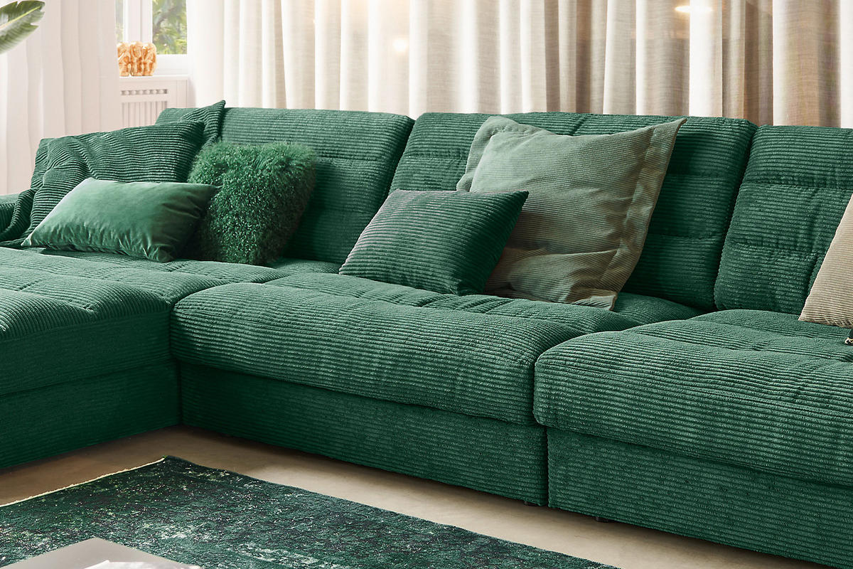 ECKSOFA XL LANA Smaragdgrün Cord - Smaragdgrün/Schwarz, Textil (416/205cm) - KAWOLA