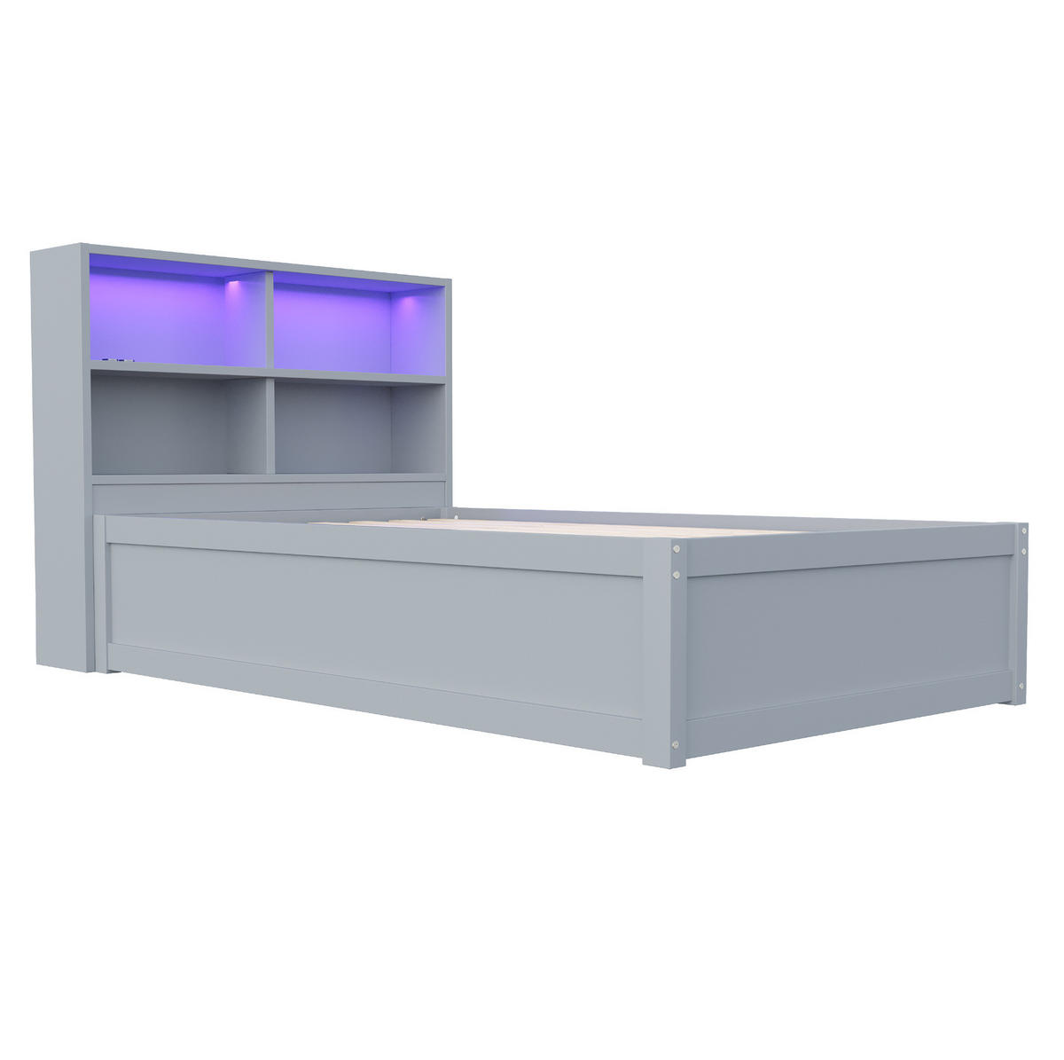 BETT 90/200 cm Grau mit Stauraum, LED-Beleuchtung und Steckdose - Grau, Holz (90/200cm) - Flora Grace