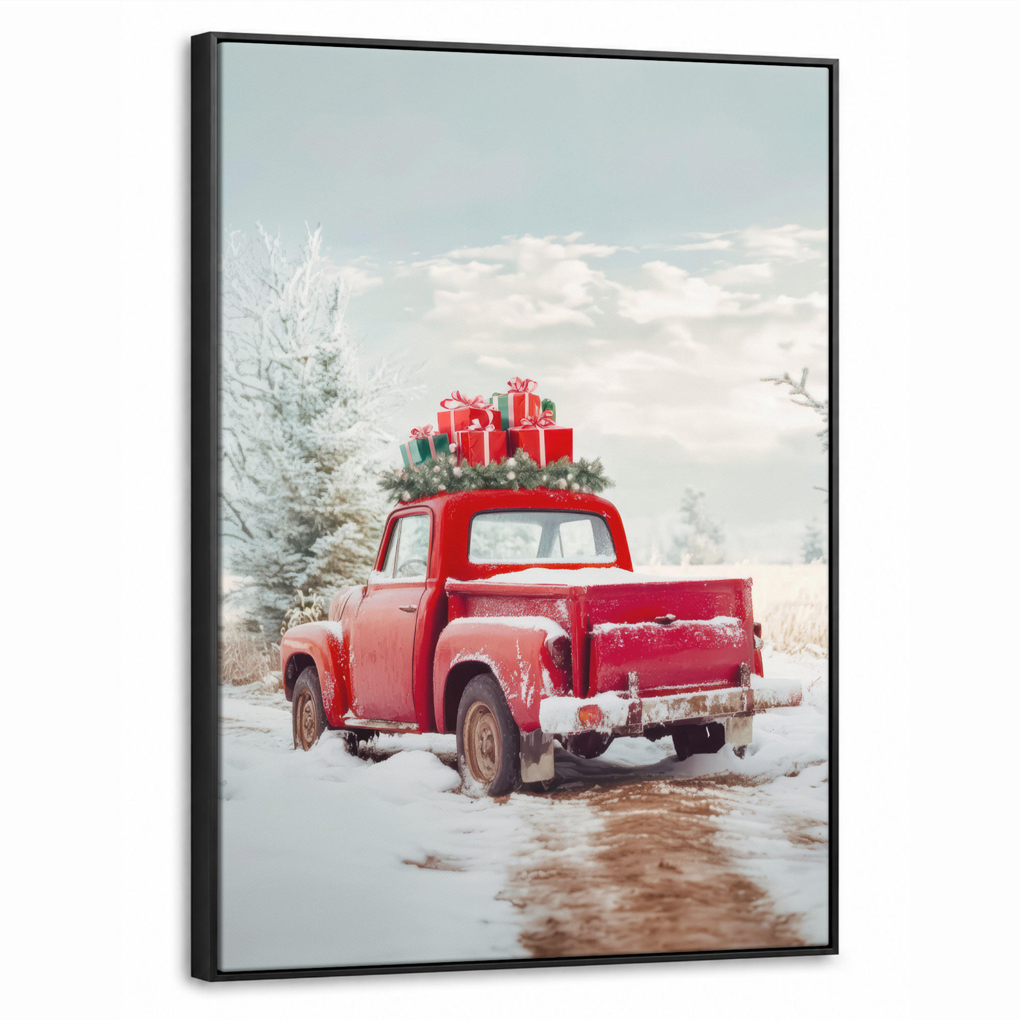 LEINWAND Bilder mit Rahmen - Auto - Rot - Geschenke - Winter - Schnee - Weihnachten - 70x100 - Rot, Textil (70/100cm) - MuchoWow