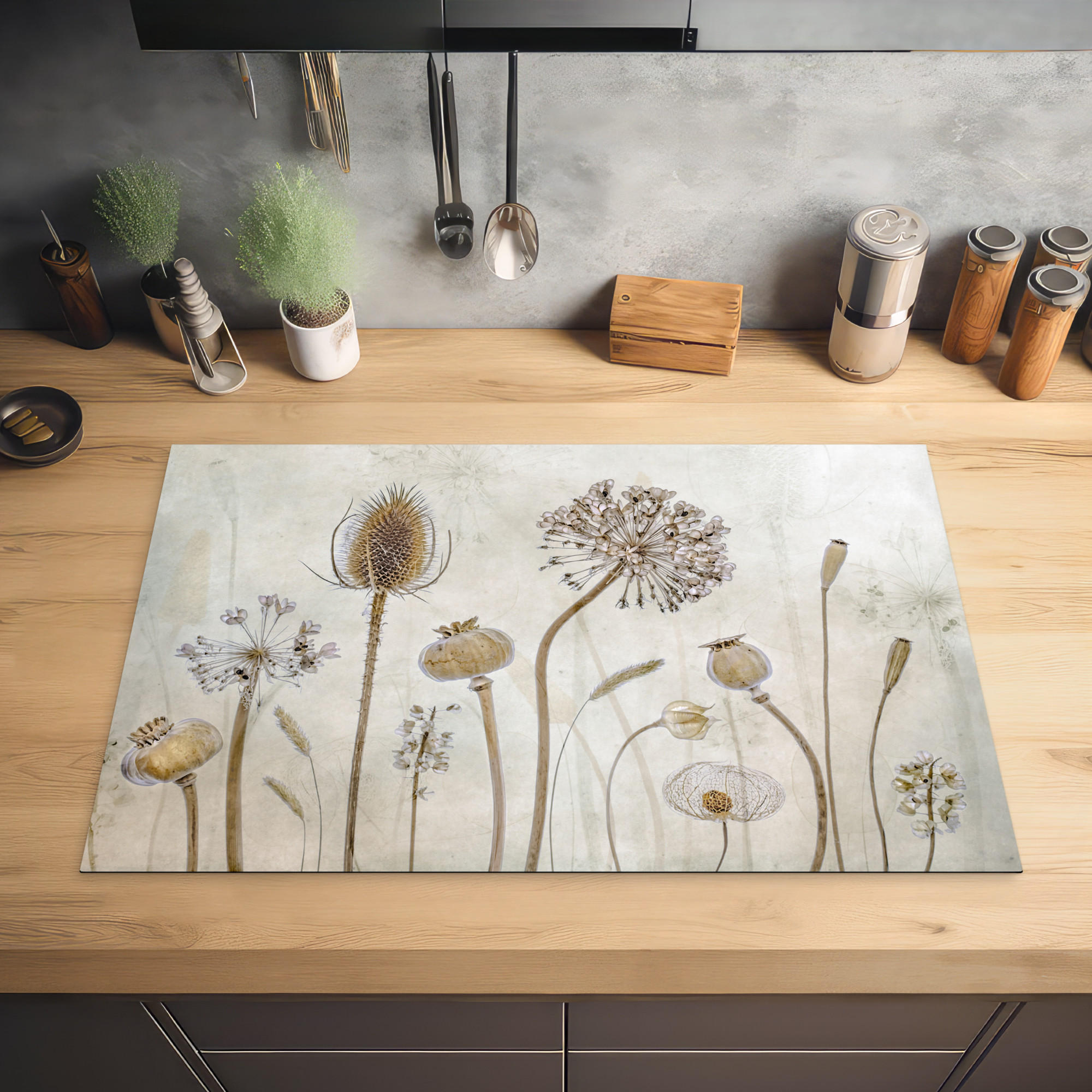 HERDABDECKPLATTE Blumen - Aquarell - Stilleben - Braun - Vintage 81x52 cm - Sandfarben, Kunststoff (81.6/0.2/52.7cm) - MuchoWow