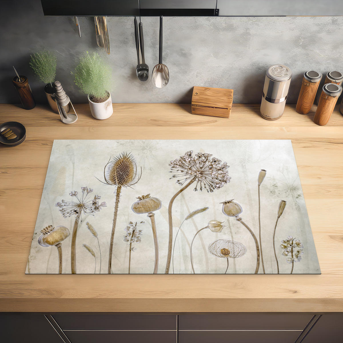 HERDABDECKPLATTE Blumen - Aquarell - Stilleben - Braun - Vintage 81x52 cm - Sandfarben, Kunststoff (81.2/0.2/52cm) - MuchoWow