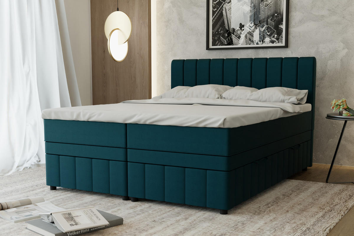 BOXBETT AVALON 160 x 200 cm mit Bettkasten und Topper - Türkis - Türkis, Holz - Panda Möbel