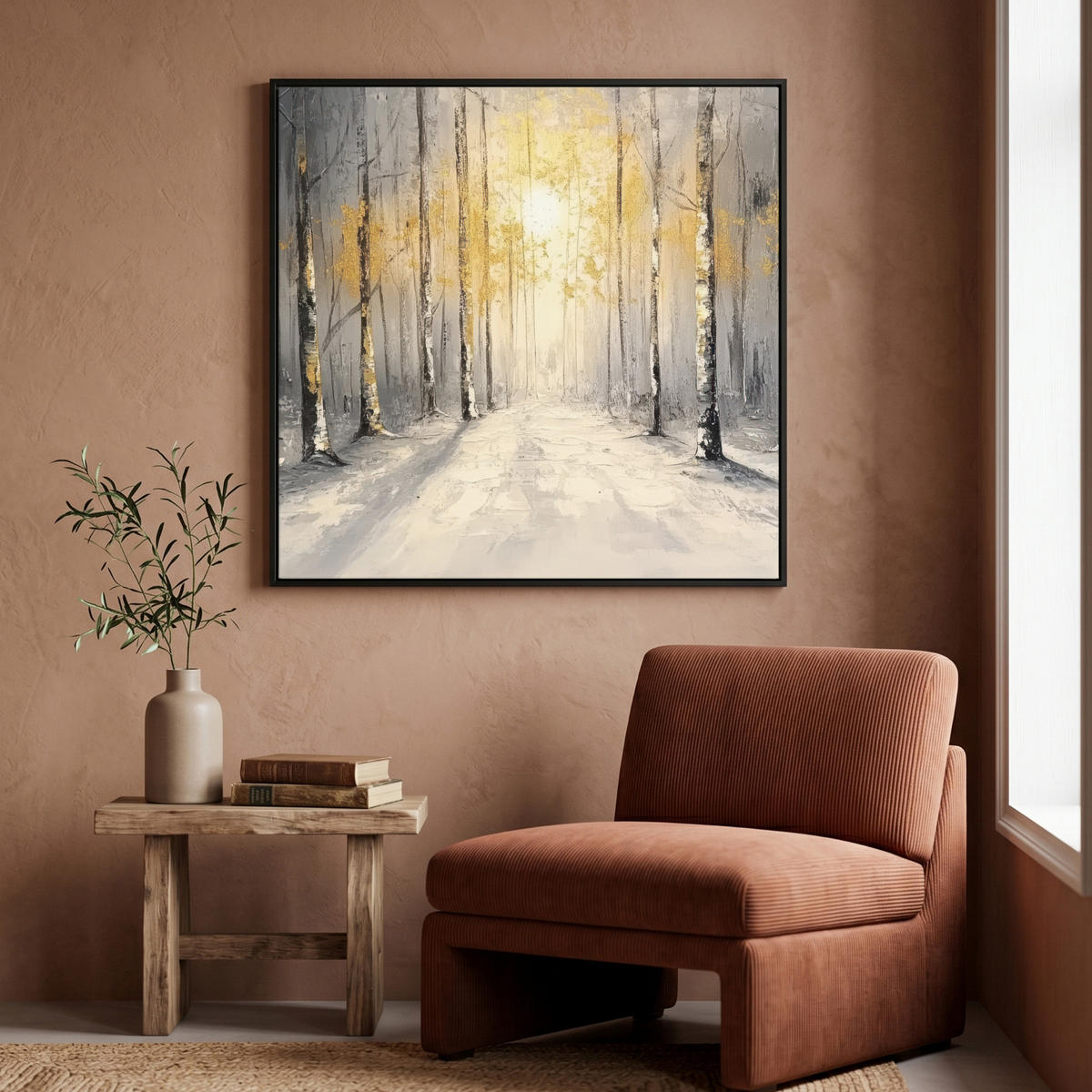 LEINWAND Bilder mit Rahmen - Winter - Abstrakt - Schnee - Natur - Sonne - 90x90 - Grau, Textil (90/90cm) - MuchoWow