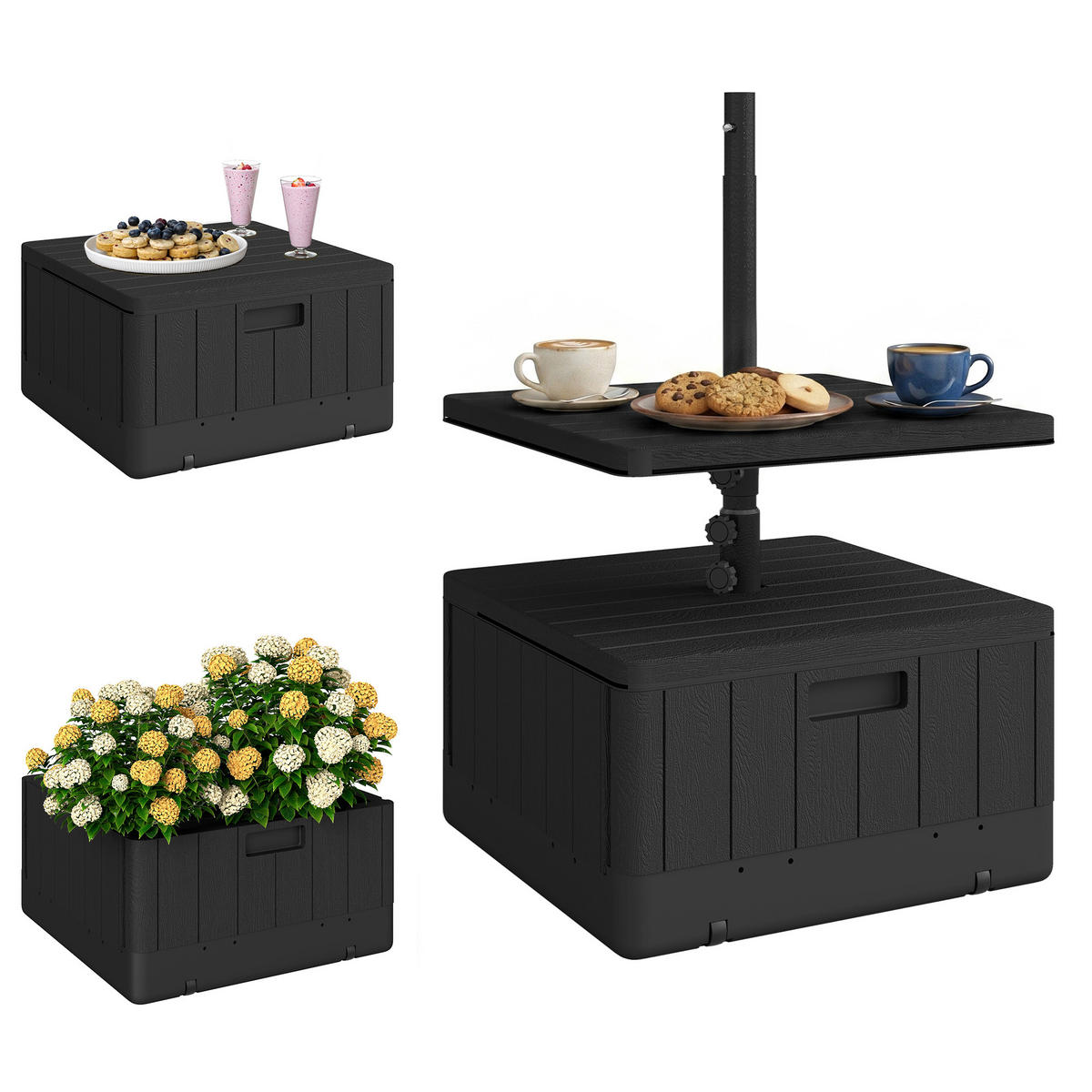 SONNENSCHIRMSTÄNDER Schwarz 53/53/45 cm mit Tischplatte und Rollen - Schwarz, Kunststoff (53/53cm) - PANGIVO