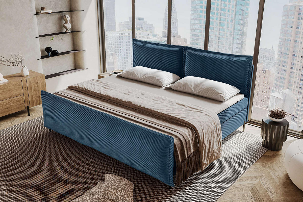 FAMILIENBETT BOXSPRINGBETT VERO PLUS Cordstoff Blau 240/200 cm - Blau/Schwarz, Holzwerkstoff/Textil (240/200cm) - 99rooms