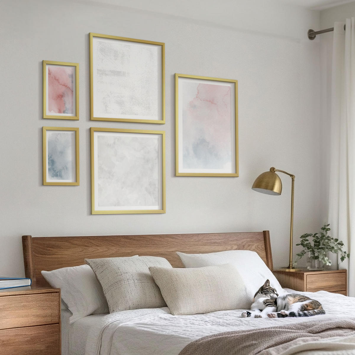 WANDBILDER 5er Set - 50x50 cm & 20x30 cm & 40x60 cm Goldrahmen - Pastellfarbene Aquarelltexturen - Goldfarben, Kunststoff (40/60cm) - ArtPrintCave