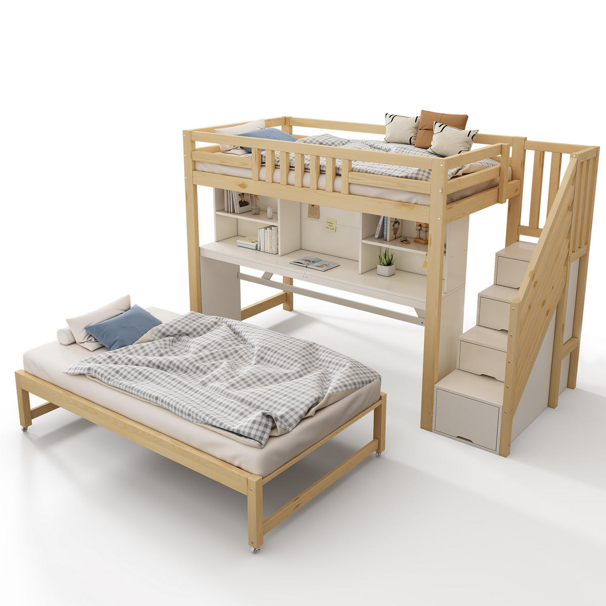 ETAGENBETT aus Kiefernholz 90x200 cm Weiß & Eiche mit Schreibtisch, Ausziehbett, Stauraum und Leiter - Eichefarben, Holz (90/200cm) - Modfu