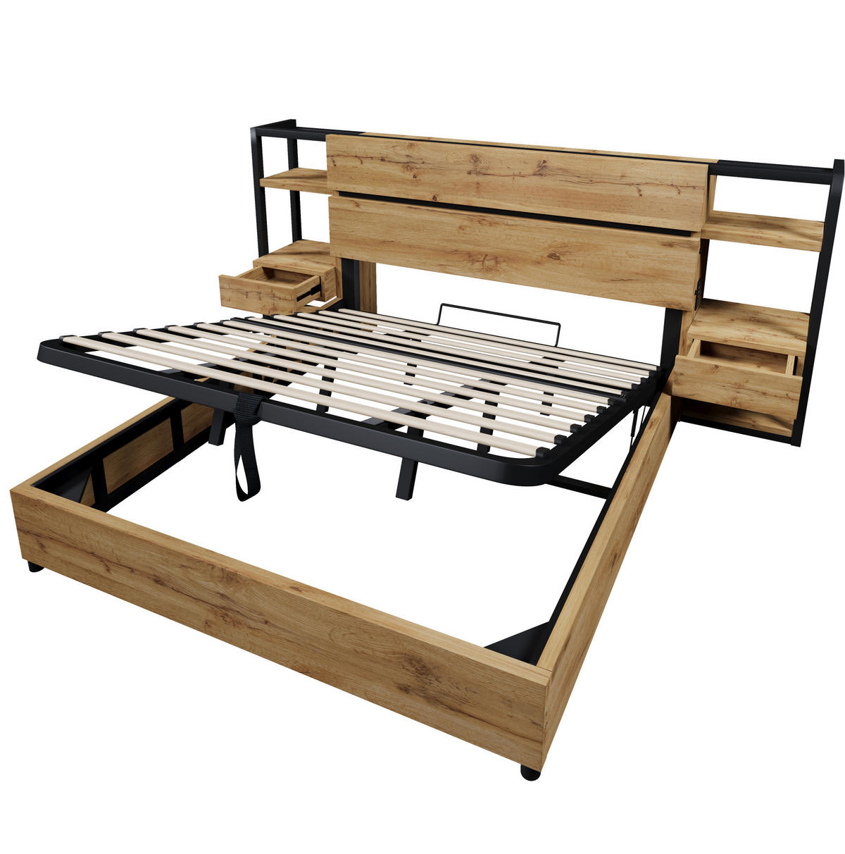 ČALOUNĚNÁ postel z MDF a kovu, 180/200 cm dubová, s úložným prostorem a USB/Type-C - barva dubu, kompozitní dřevo (180/200cm) - BEAOK