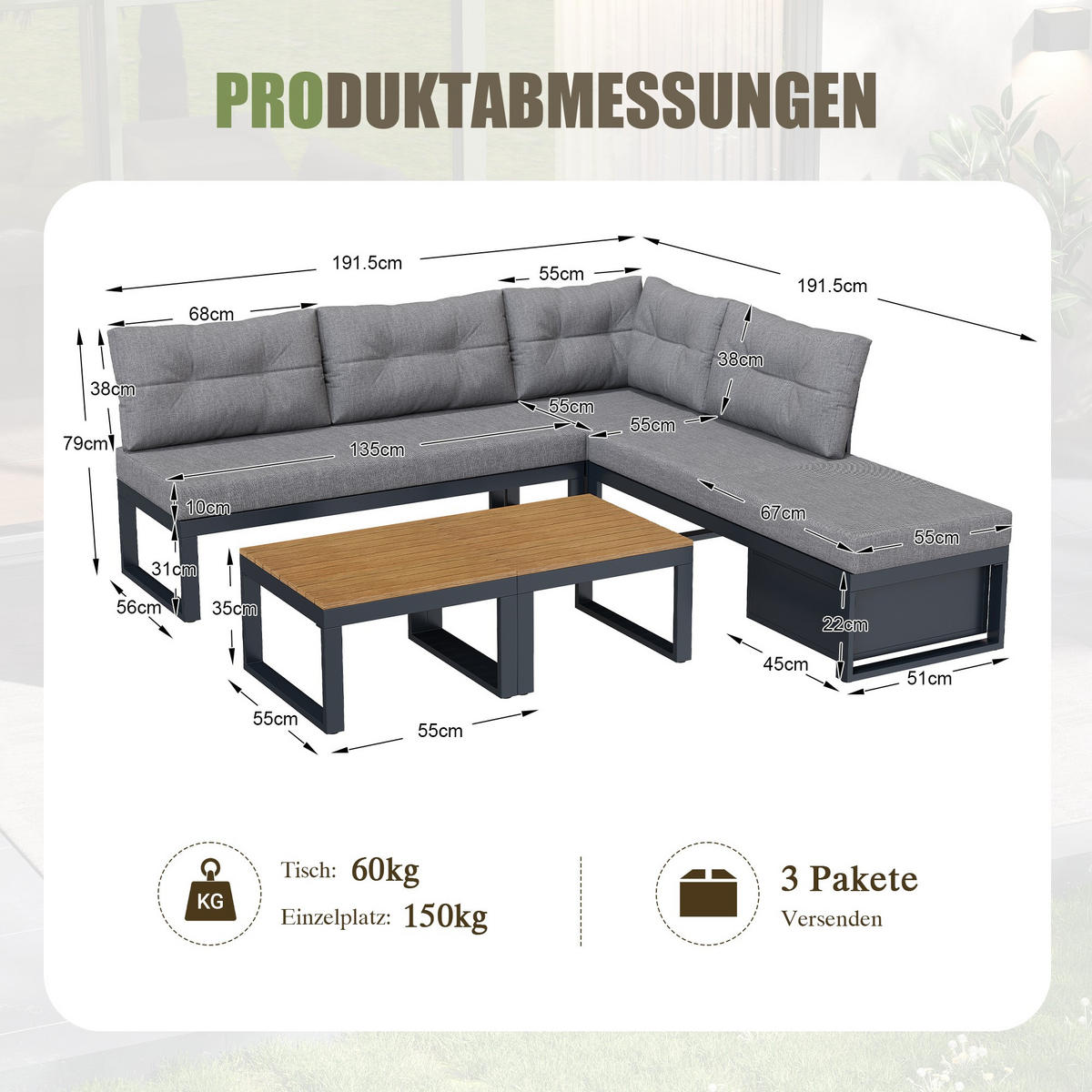 LOUNGEGARNITUR, Gartenlounge-Set, L-/U-Form Gartenmöbel Set, Grau - Grau, Metall - LVHOM
