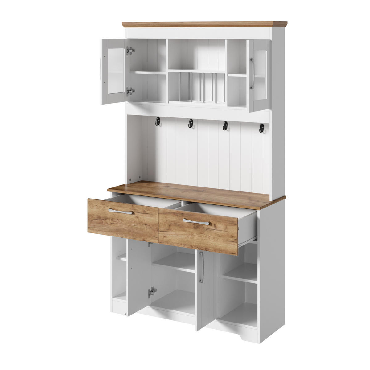 BUFFET aus Spanplatte 106x39x176,5 cm Weiß/Natur mit Vitrinenfächern, 2 Schubladen und Hakenleiste - Naturfarben, Holzwerkstoff (106/176.5/39cm) - Modfu