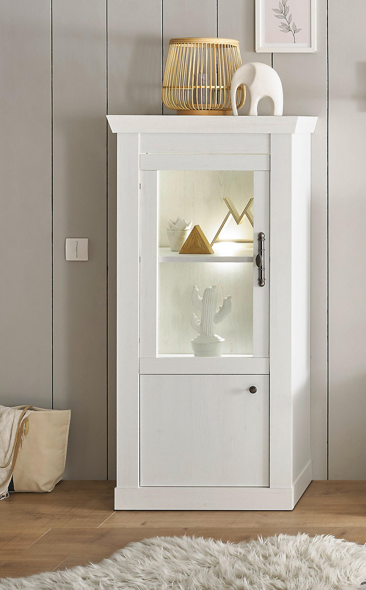 VITRINE weiß Pinie Landhaus, Vitrinenschrank 70 x 146 cm, Soft-Close-Funktion - Weiß, Holzwerkstoff/Kunststoff (72/146/38cm) - Furn.Design