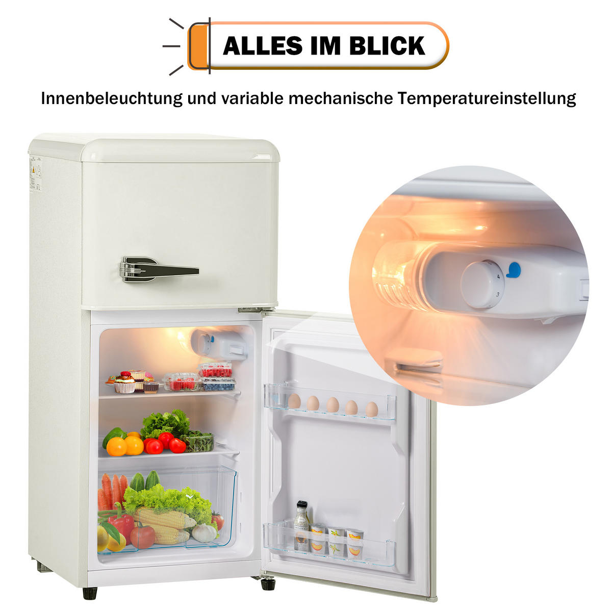 KUHLSCHRANK 45.5/42/88.8 cm Cremeweiß 60L mit LED-Licht, Energieklasse E - Weiß, Metall (45.5/88.8/42cm) - Oxeza