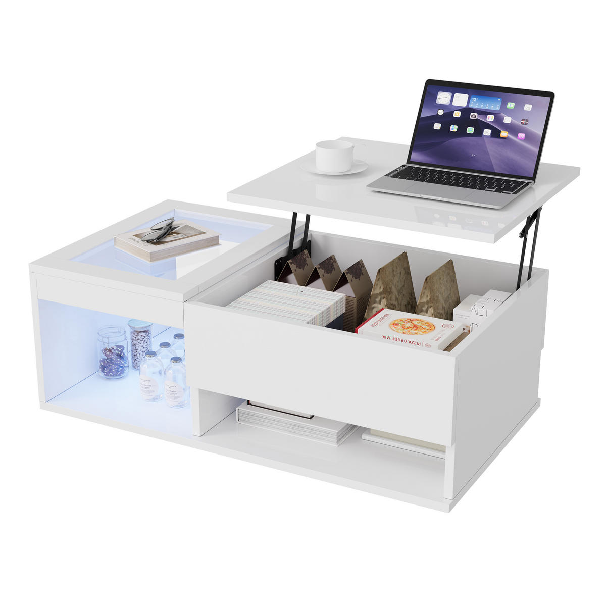 HÖHENVERSTELLBARER COUCHTISCH WEISS MIT LED Hochglanz & Glas, 100x55x35cm - Weiß, Holz (100/55/35cm) - CASIVA