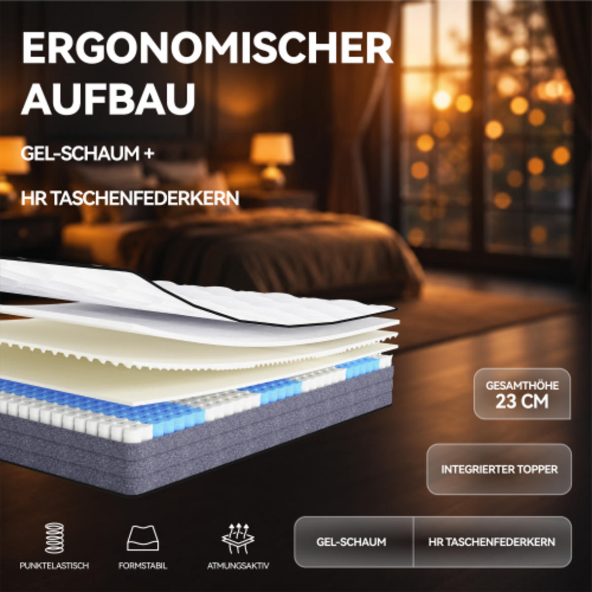 TASCHENFEDERKERNMATRATZE 120×200cm mit 7-Zonen-System und Memory-Schaum, weiß & grau - Weiß, Kunststoff - Luhomfu