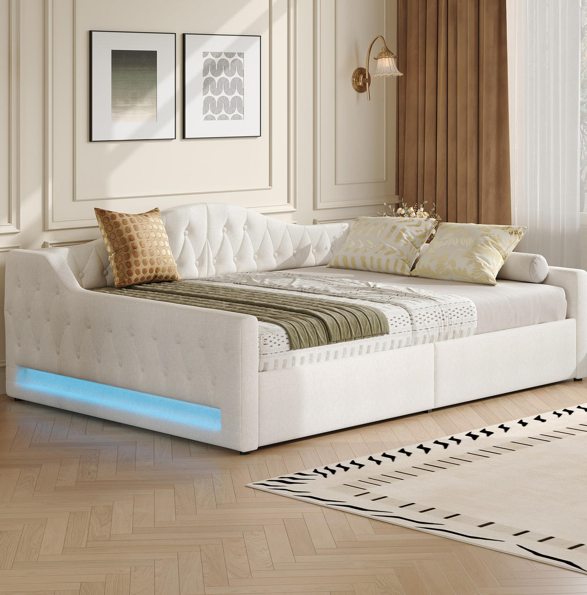 ČALOUNĚNÁ postel 140/200 cm béžová z MDF a překližky s LED osvětlením a úložným prostorem - béžová, kompozitní dřevo (140/200cm) - OKWISH