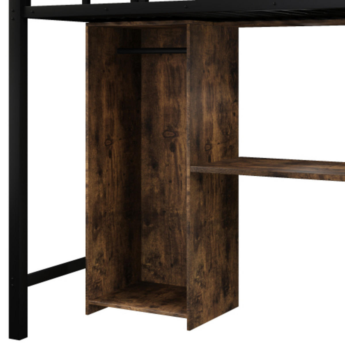 HOCHBETT 90x200 cm aus Metall und MDF mit Kleiderschrank, Schreibtisch und vielen Staufächern, Schwarz - Schwarz, Holzwerkstoff - Luhomfu