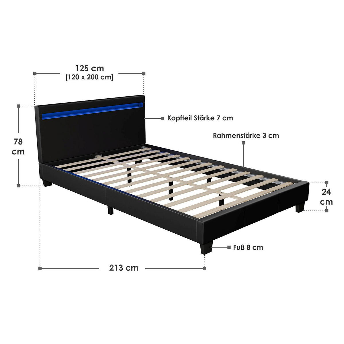 POLSTERBETT Paris mit LED schwarz 120x200cm - Schwarz, Holzwerkstoff (120/200cm) - Juskys