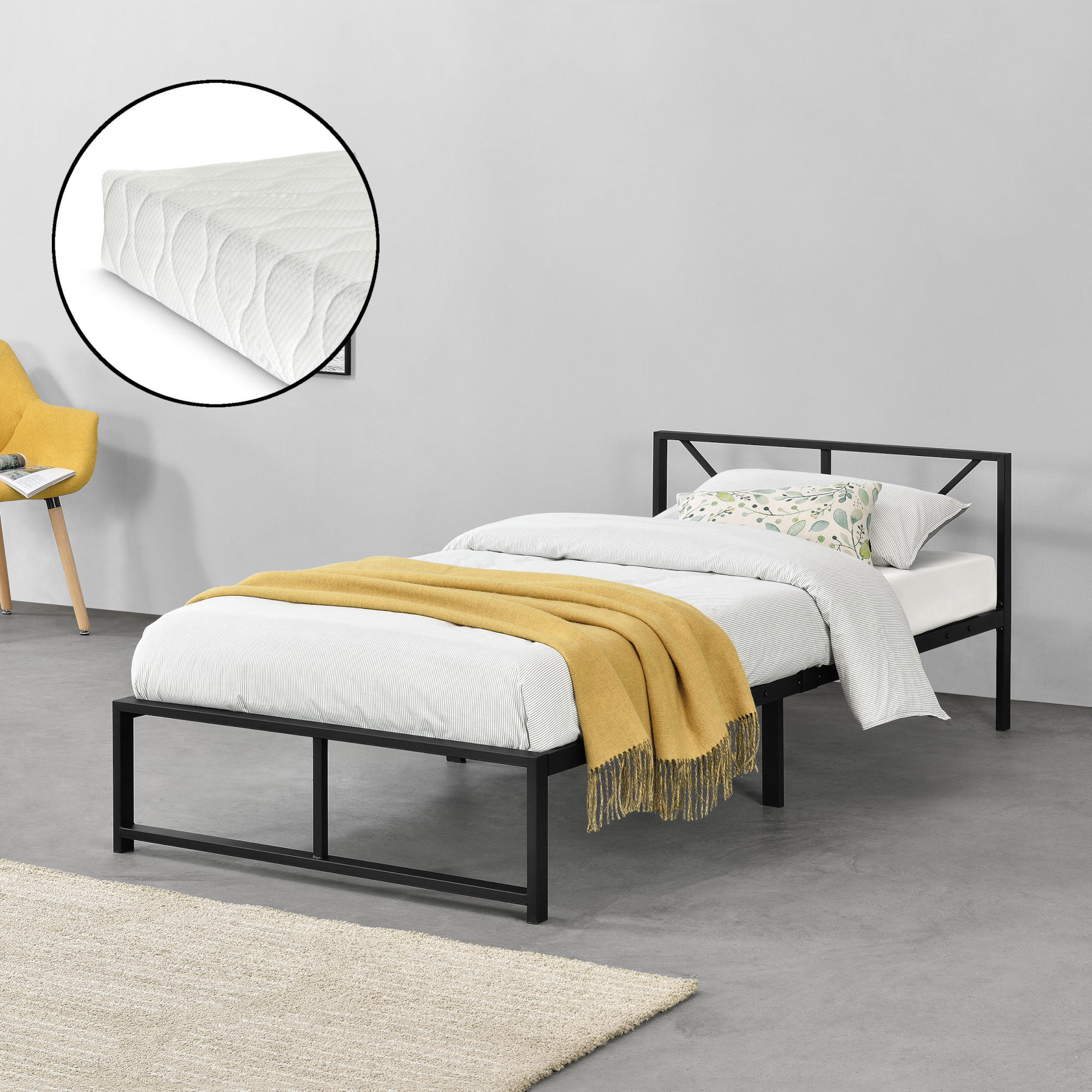 METALLBETT Meran mit Matratze - Schwarz, Textil/Metall (90/200cm) - [en.casa]