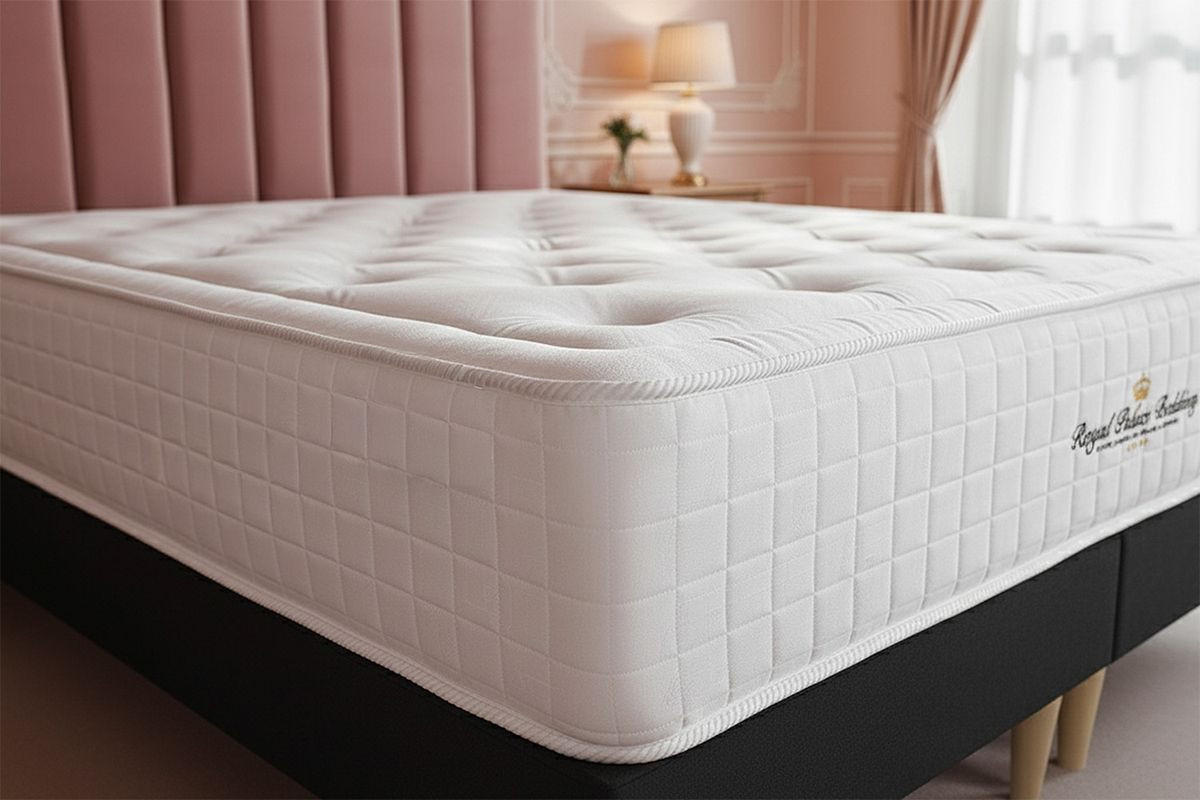 BETT Buckingham Memory-Schaum 140 x 190 cm h1 - Kit Bettgestell Weiß - Mit Kissen und Bettdecke - Beige/Weiß, Karton/Holz (140/190cm) - ROYAL PALACE BEDDING