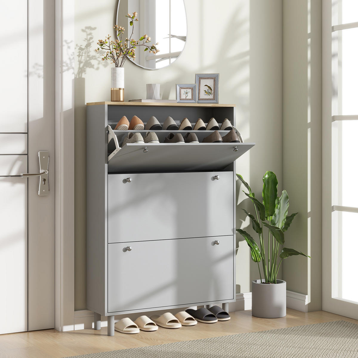 SCHUHSCHRANK DE-15033 3 Klapptüren für bis zu 24 Paar Schuhe Grau - Grau, Holzwerkstoff (80/121/23.5cm) - ComfortXL