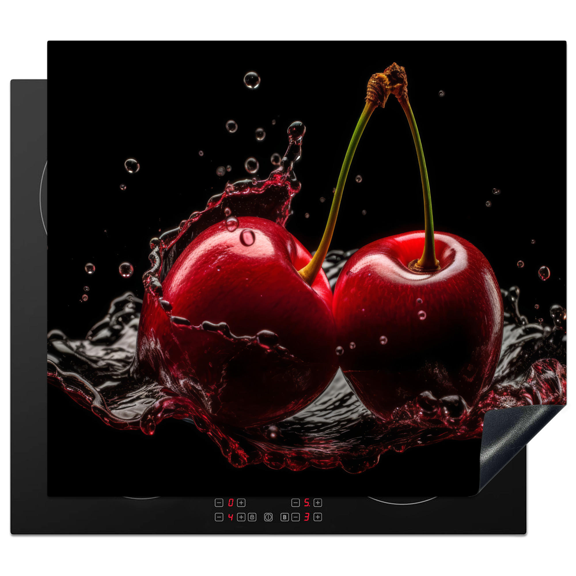 HERDABDECKPLATTE Kirsche - Rot - Frucht - Wasser - Schwarz 57x51 cm - Kirschrot, Kunststoff (57.6/0.2/51.6cm) - MuchoWow
