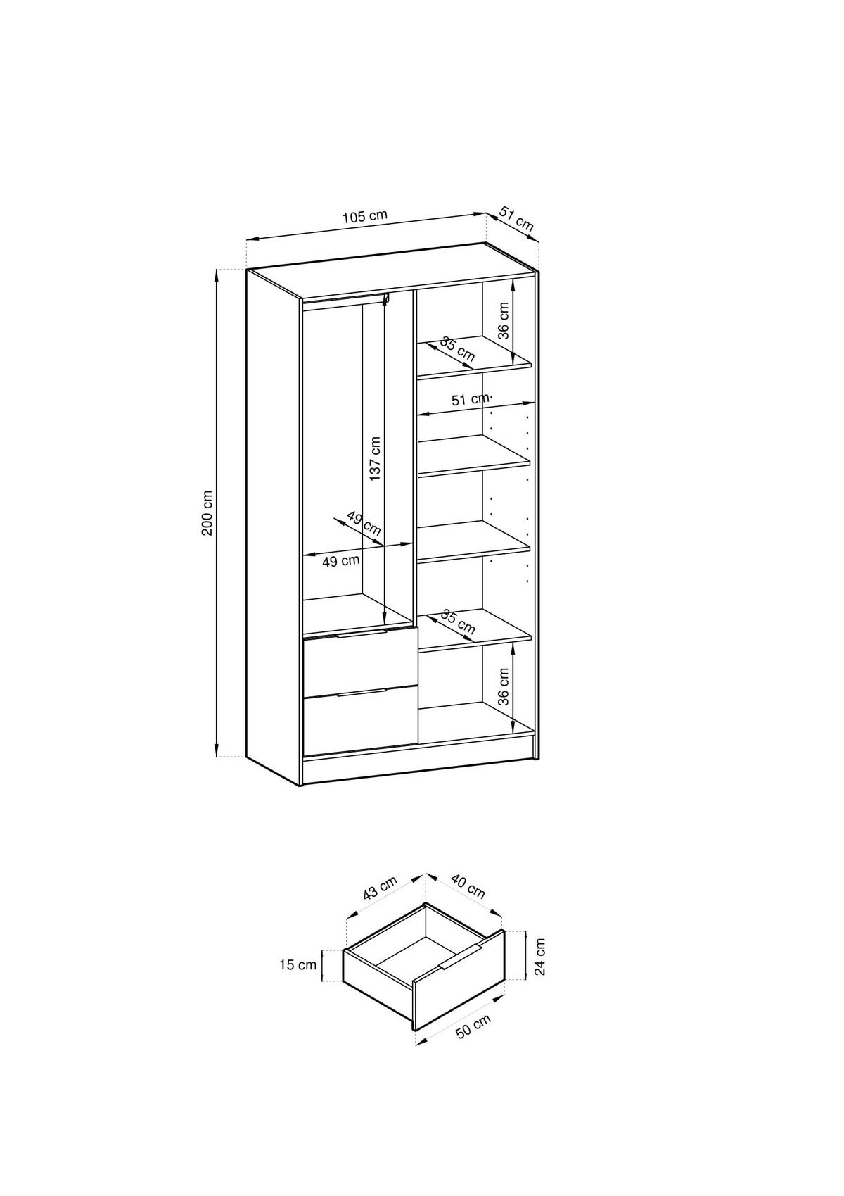 KLEIDERSCHRANK Nelly Grau, Artisan Eiche Lamellen, Schrank Zweitürige, Garderobe mit Schubladen - Grau, Holzwerkstoff (105/200/51cm) - Bettso