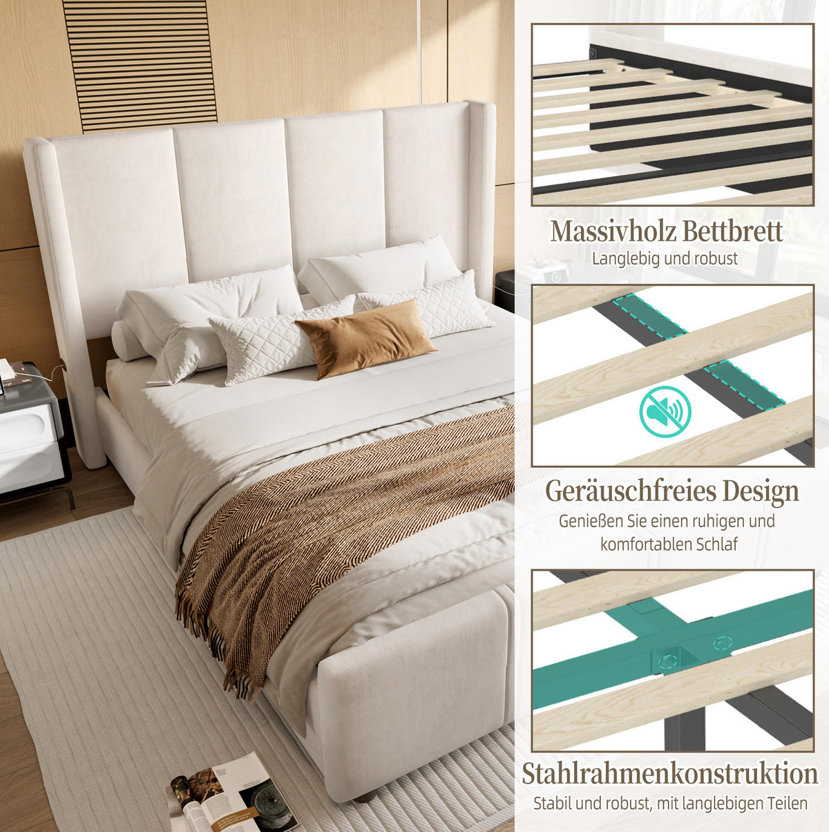 POLSTERBETT 140/200 cm mit hohem Kopf- und Fußteil, USB- und Typ-C-Anschluss, Samtoptik, Beige - Beige, Textil (140/200cm) - Redom