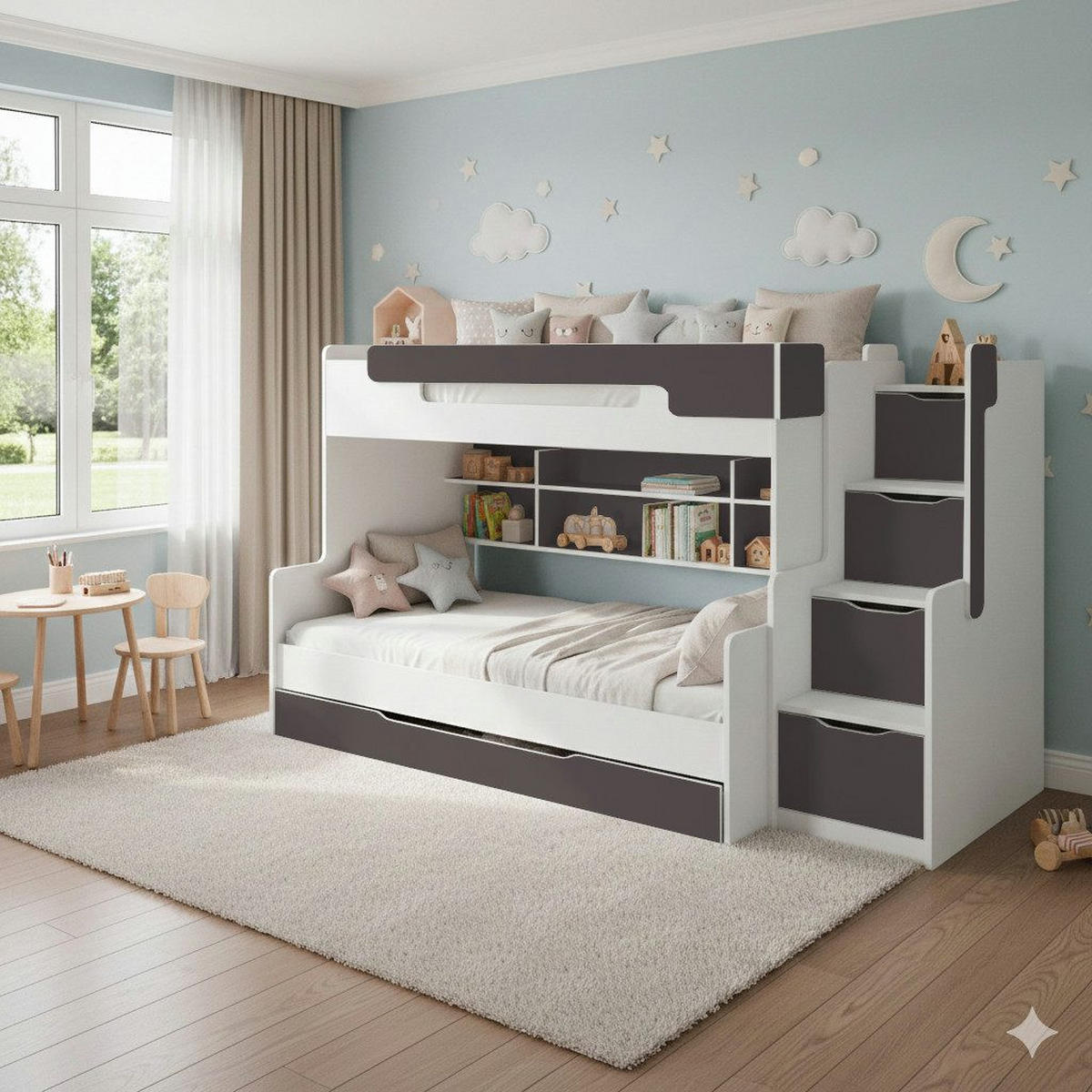 ETAGENBETT HARRY 90/200 + 120/200 in Weiß + Grau - Weiß/Grau, Holzwerkstoff - Deine Möbel 24