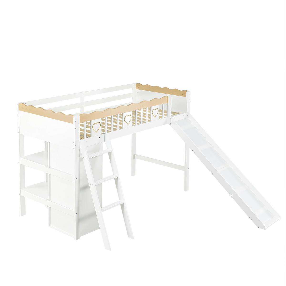 HOCHBETT 90/200 cm Weiß Natur mit Kinderrutsche, Kleiderschrank und Ablageschrank ohne Matratze - Weiß, Holz (90/200cm) - MIVRAY