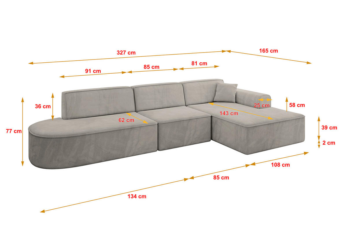 ROHOVÁ SEDAČKA s otomanem, pravá IREA-L2-v3 327x165x77 Světle hnědá Velur - černá/světle hnědá, kompozitní dřevo/textil (171/328cm) - ALTDECOR