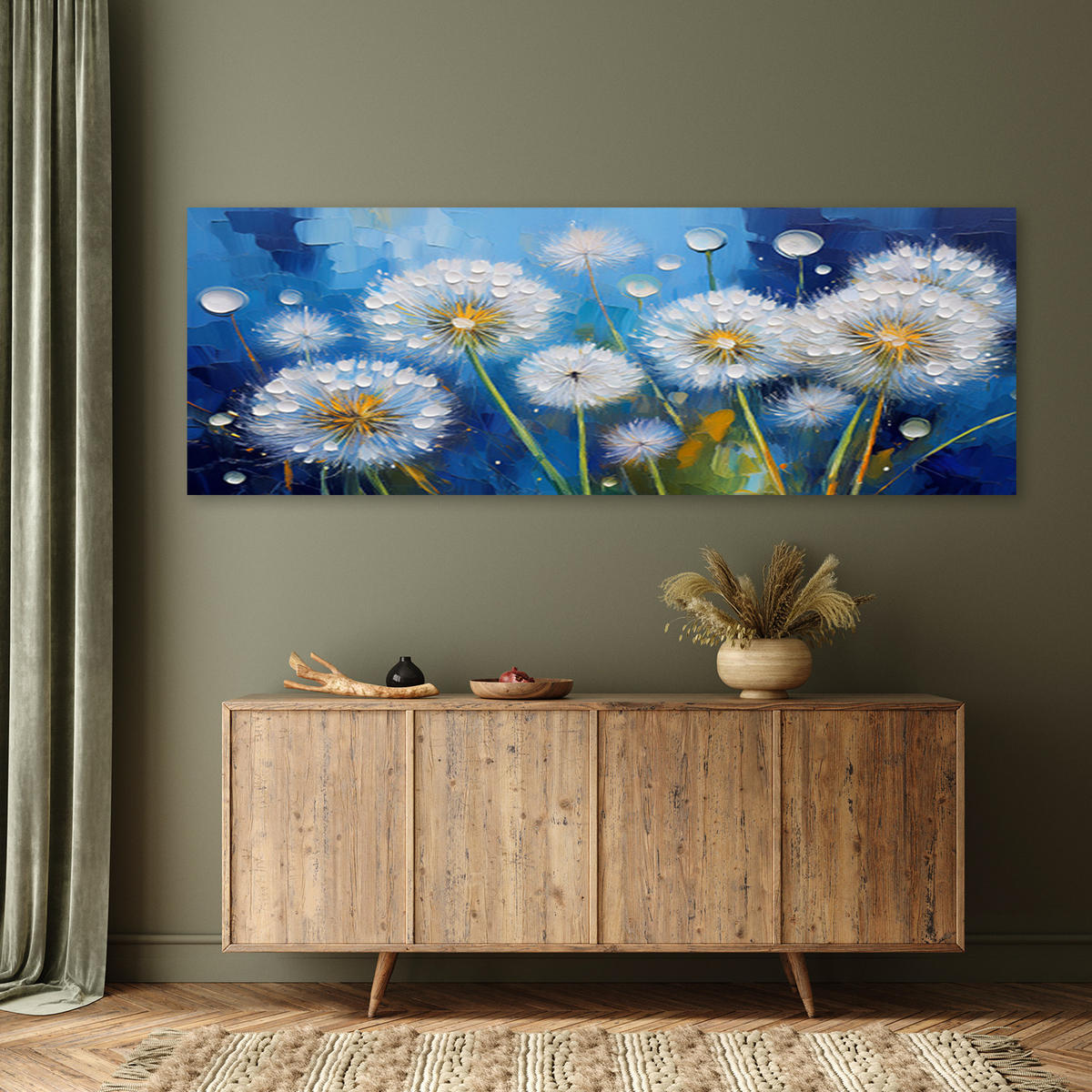 WANDBILD löwenzahn pflanzen blumen tautropfen - Blau, Textil (90/30cm) - Feeby