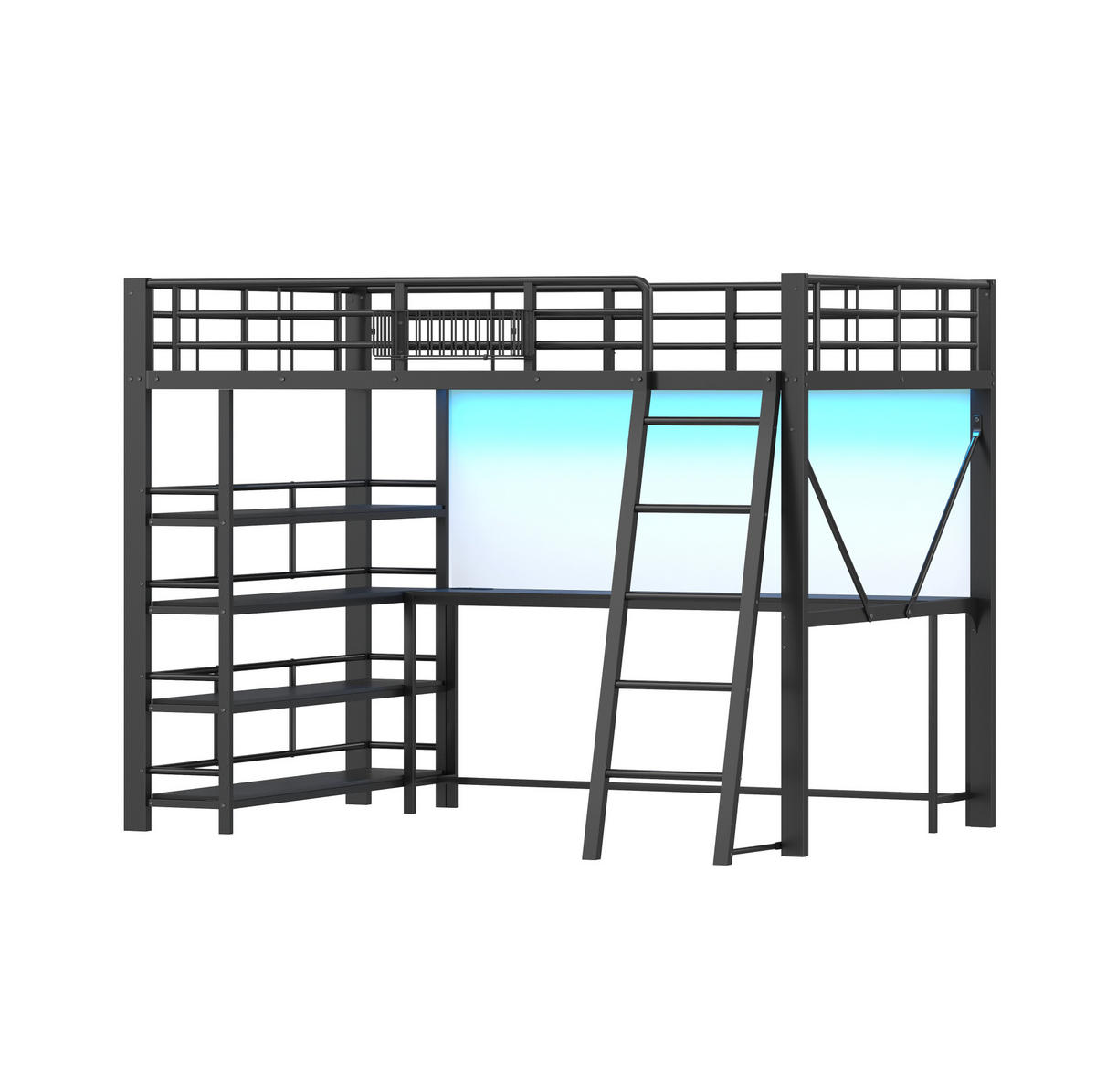 METALL-HOCHBETT aus Metall und MDF 140x200 cm Schwarz mit Schreibtisch, LED und USB-Ladestation - Schwarz, Holzwerkstoff (140/200cm) - Modfu